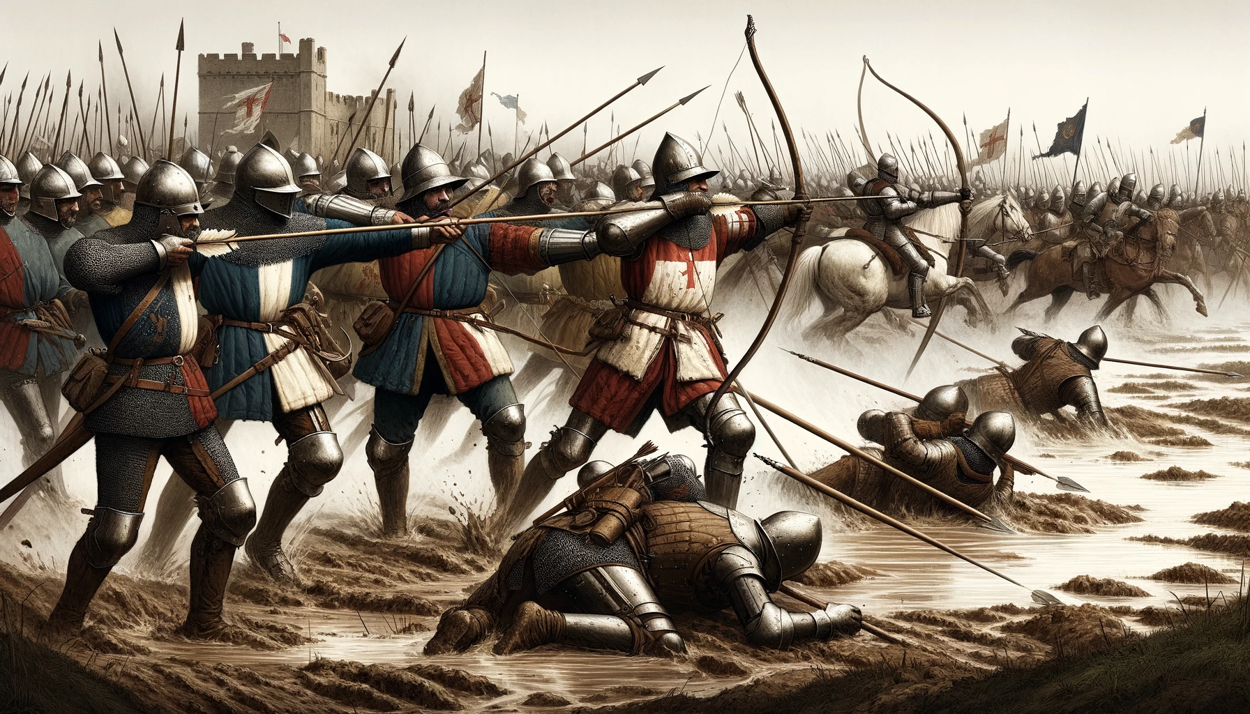 The Battle of Agincourt (1415) has been created, capturing a pivotal moment from the battle with a focus on the historical tactics, armaments, and the muddy battlefield conditions that influenced the outcome. The illustration reflects the intensity and historical significance of the battle in a realistic style