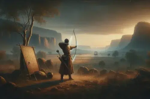 artistically captures the essence of traditional archery in a serene landscape, highlighting the archer and the historical elements of this ancient practice.