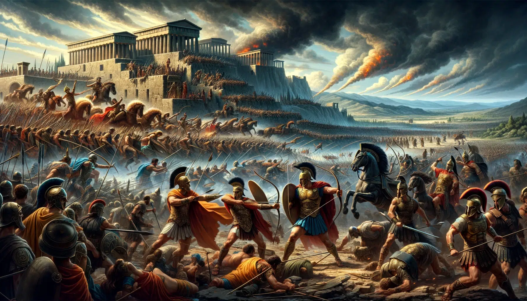 a dramatic and epic depiction of the Trojan War, capturing the intense battles, legendary heroes, and the pivotal role of archery in the conflict, set against the backdrop of the ancient city of Troy