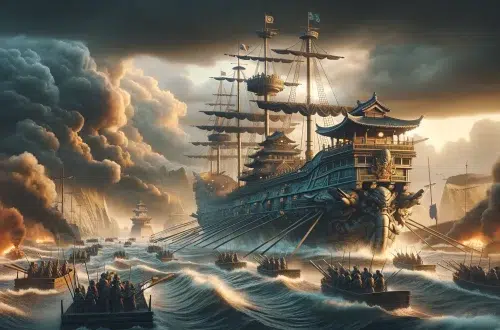 a powerful and historic scene featuring the Turtle Ship, showcasing the innovation and strategic genius of Yi Sun-Sin in naval warfare. The scene captures the Turtle Ship in action, emphasizing its significance as the first ironclad battleship in history and its role in revolutionizing Asian naval combat