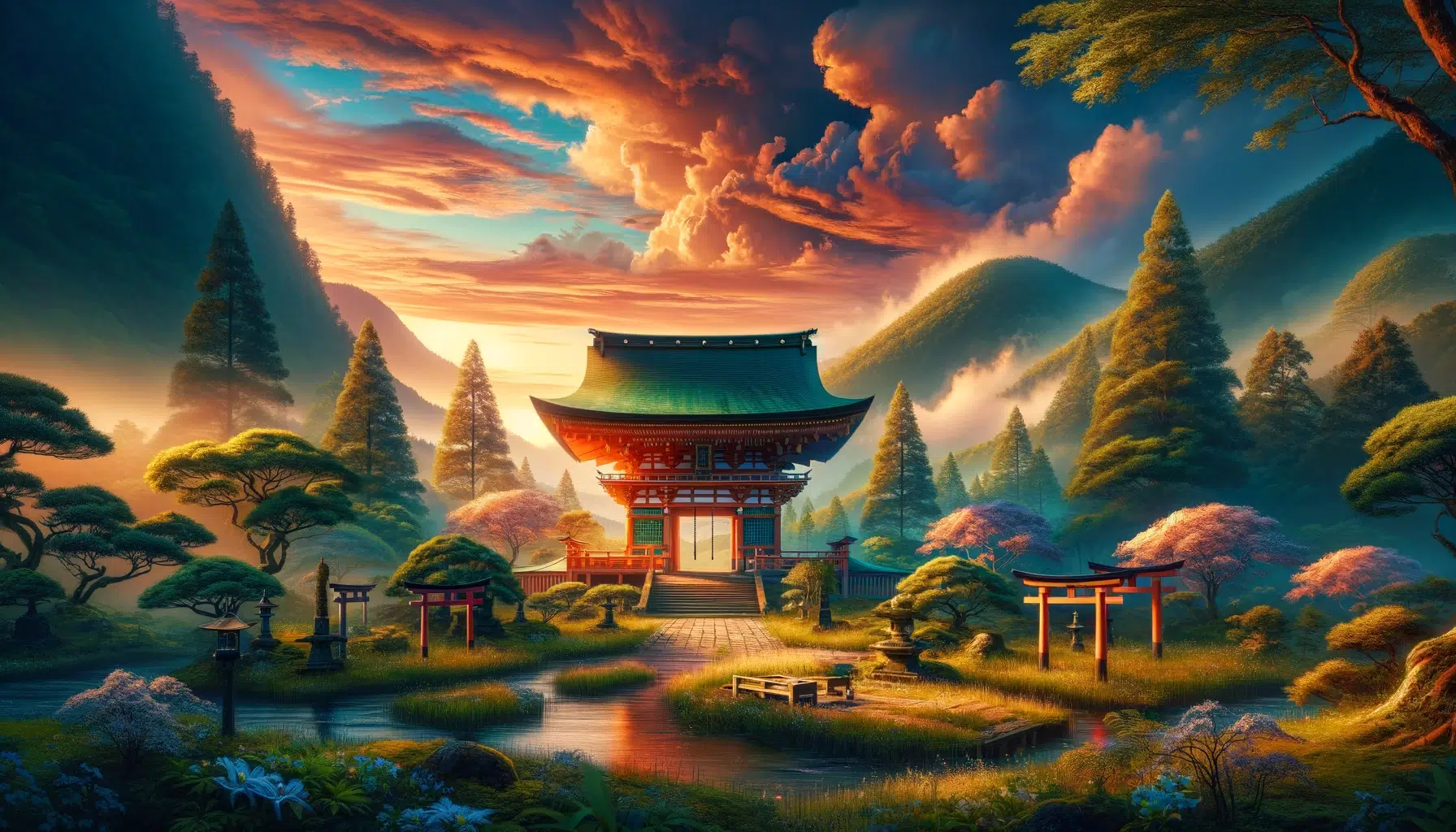 Usa Jingu in Oita Prefecture, capturing the serene and picturesque essence of this prominent Shinto shrine and its connection to archery within the lush landscape of Oita