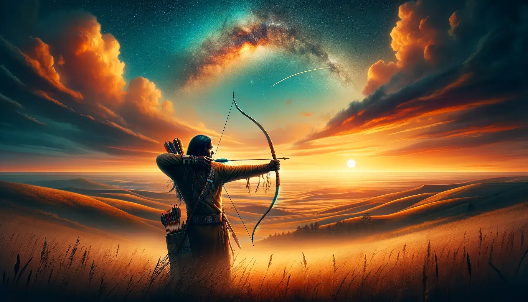 the spiritual essence of Wakan Tanka from Lakota mythology, featuring a Native American archer against a serene and sacred landscape