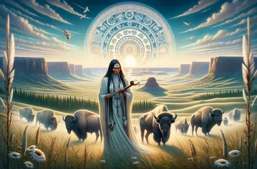 the legend of White Buffalo Calf Woman has been created, capturing her essence and the profound impact of her teachings on the Lakota people. This visual, set in the vast plains landscape and highlighting her role in bringing prosperity and spiritual guidance