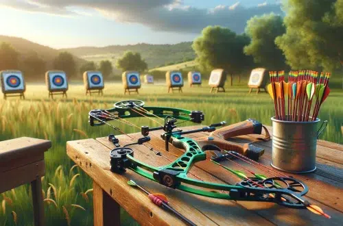 vibrant outdoor setting that perfectly captures the spirit of youth archery, with a youth compound bow and archery equipment displayed in a lush, green field. This image symbolizes the fun, safety, and learning aspects of engaging in archery at a young age, set against a warm and inviting backdrop