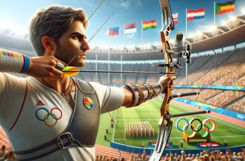 the excitement and precision of the sport, with an archer in the foreground and a vibrant Olympic stadium in the background