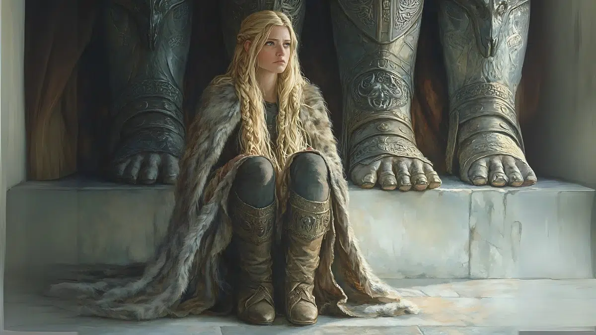 Skadi, a young norse giantess, with long blond hair sits on the ground and is surrounded by the feet of norse gods