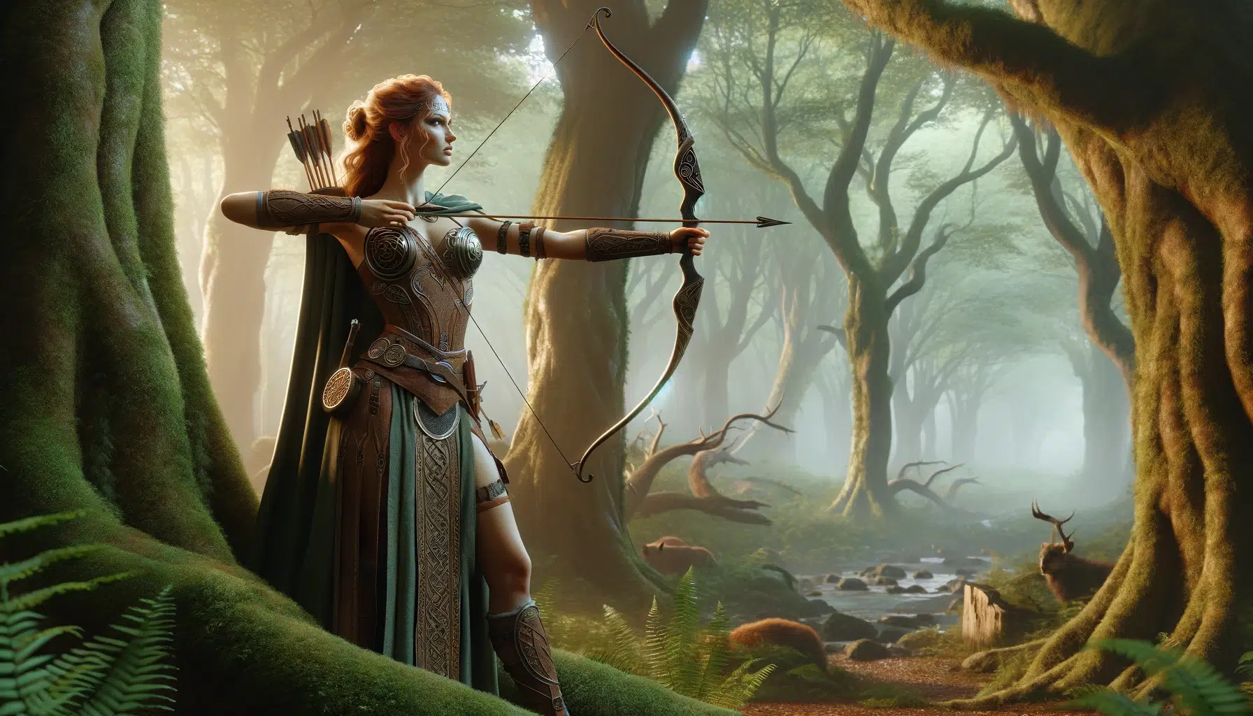 Abnoba, the Celtic Goddess of the Hunt, set within a lush, ancient forest, capturing her connection with nature and her prowess in archery