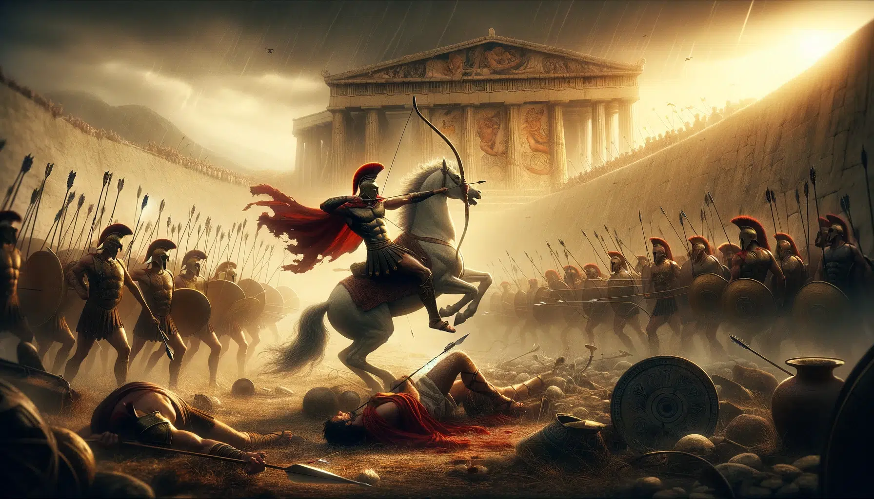 capturing the moment Achilles kills Hector, illustrating the harsh realities of war and its destructive power