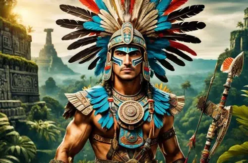 A fierce Aztec archer stands tall with his bow drawn, surrounded by imagery of Aztec mythology and symbols. He wears traditional Aztec armor and jewelry, with feathers and gold adorning his headdress and chest plate. His body is painted in intricate designs, depicting his connection to the gods and nature. The background is a lush jungle with hints of temples and monuments in the distance, adding to the mystique of the scene.