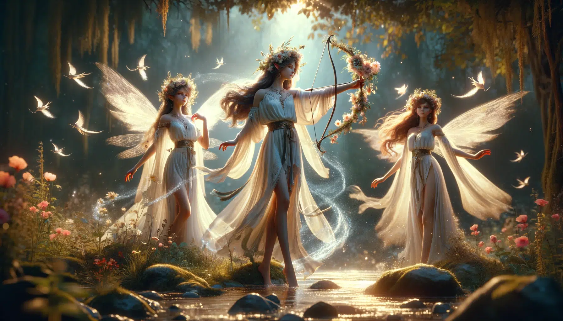 captures the ethereal beauty and divine essence of Bereginyas, depicted in a mystical setting that enhances their connection to the supernatural