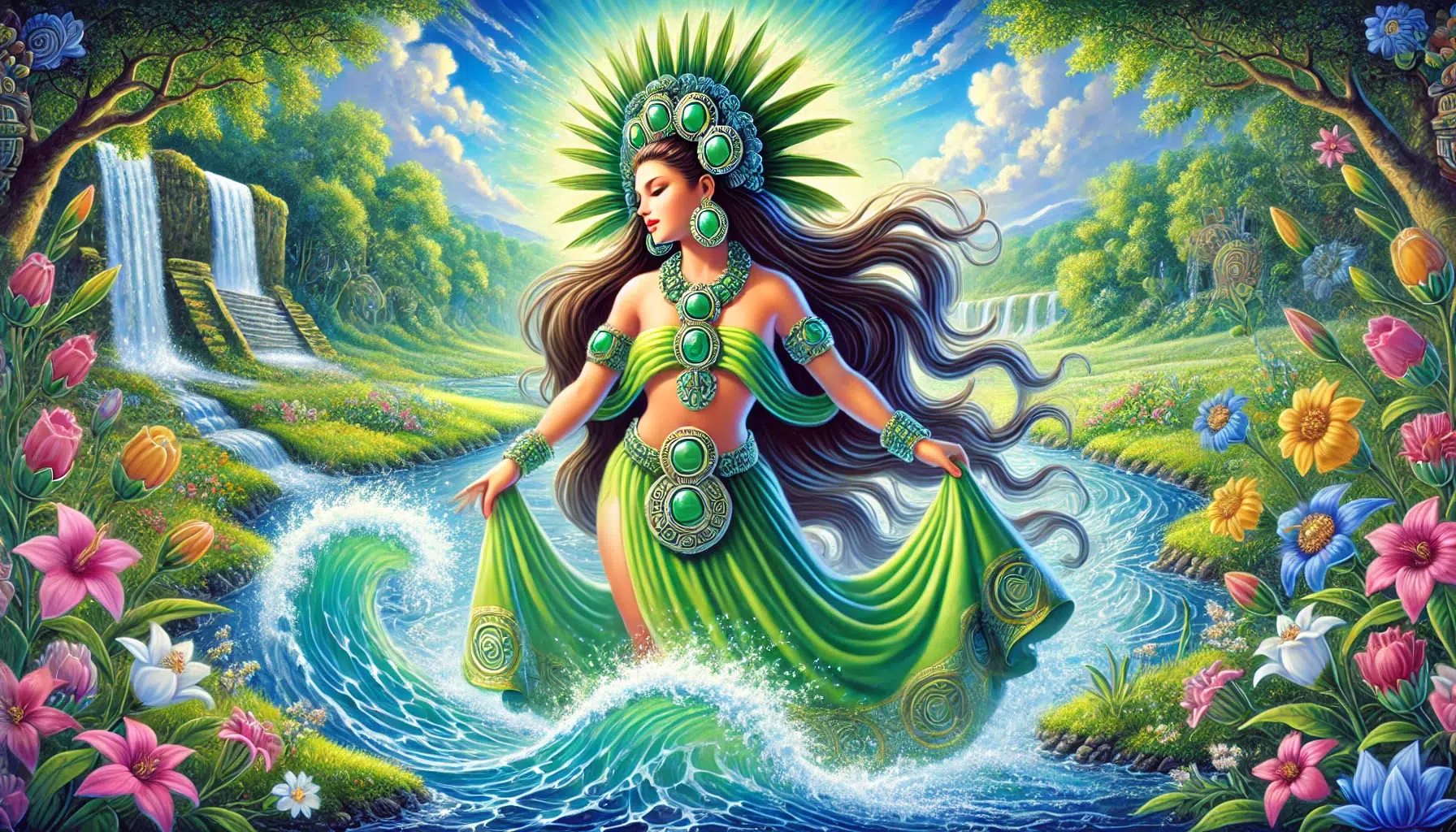 A vibrant depiction of Chalchiuhtlicue, the Aztec goddess of water, depicted as a beautiful and serene figure. She wears a jade-coloured skirt, symbolizing her name 'She of the Jade Skirt.' Her long, flowing hair is adorned with jade ornaments and water motifs. She stands by a river, surrounded by lush greenery and flowers, reflecting her connection to nature. The water around her sparkles, and small waves form at her feet, indicating her control over water. Her expression is calm and nurturing, embodying her role as a goddess of rivers, lakes, and all bodies of water.