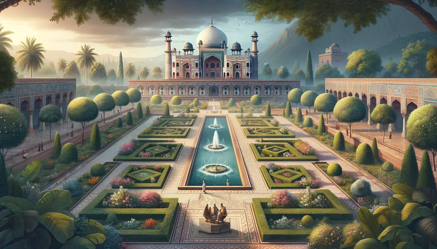a tranquil Charbagh garden that reflects Babur's ideals of symmetry, harmony, and paradise, highlighting his legacy in integrating this concept into Mughal garden design