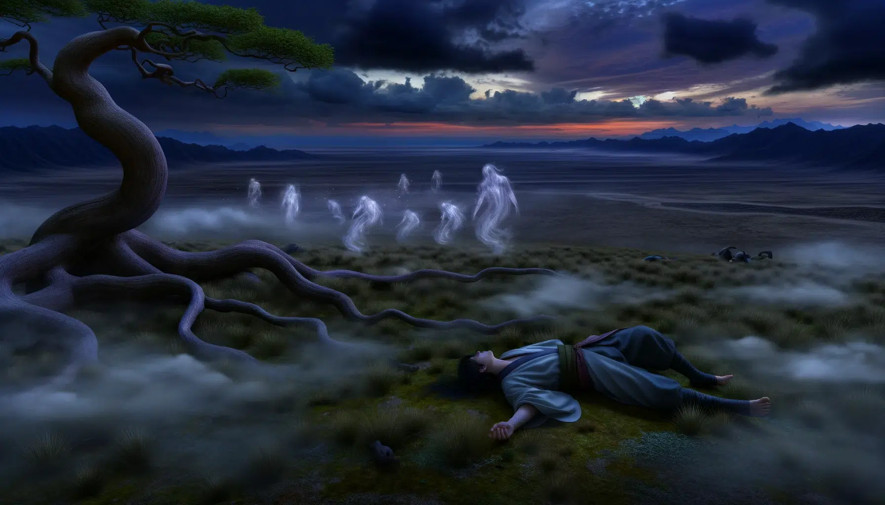 the poignant end of Yamato Takeru's legendary journey on the Tagi plains, capturing the somber and mystical atmosphere of his final moments