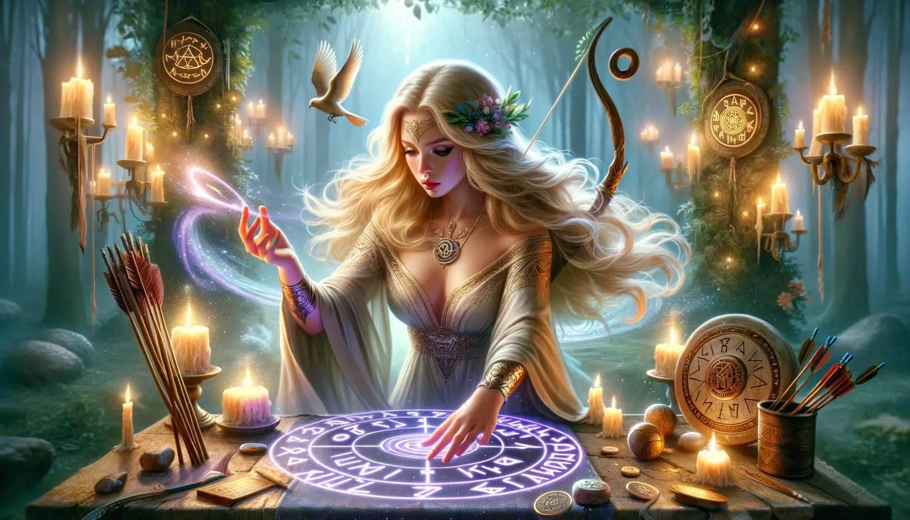 Freya practicing Seidr magic vividly brings to life Freya's deep connection with the mystical Norse sorcery, capturing her in a moment of concentration amidst symbols of her divine power