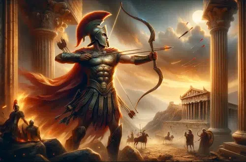 Hector, the legendary Trojan Prince, portrays Hector in a moment that reflects his nobility, bravery, and significant role in the Trojan War, set against a backdrop that merges ancient Troy