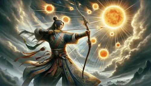 Hou Yi, the legendary Chinese Sun Hunter, portrayed in a heroic stance as he aims at the sky to shoot down the nine suns, embodying his legendary status and heroic deed in Chinese folklore