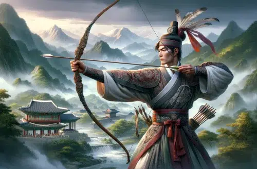 essence of Kim Mu-che, the master archer from Korean folklore, has been created. It presents him in a dramatic pose, highlighting his unparalleled skill in archery within an ancient Korean landscape