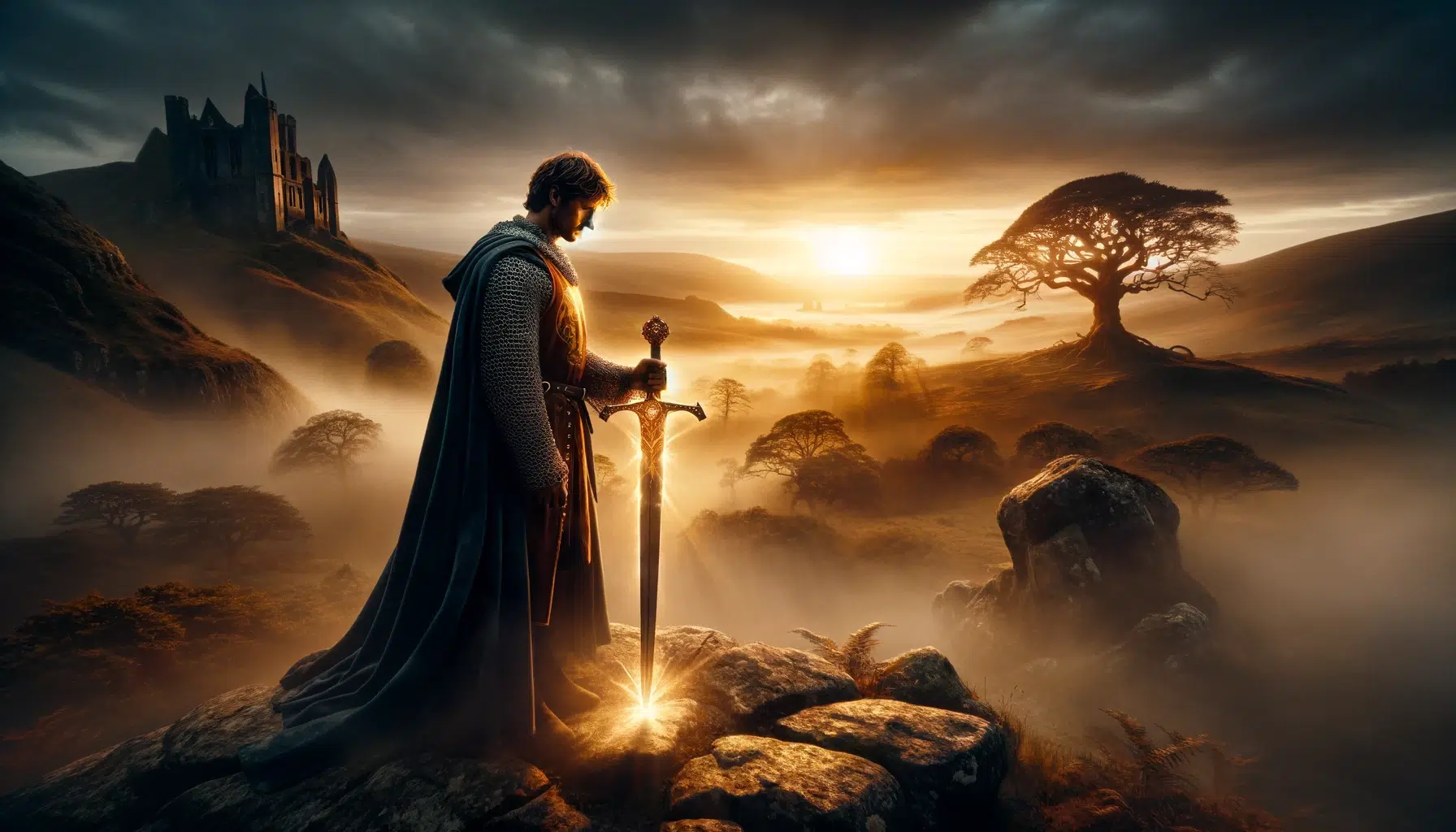 portrays King Arthur with his magical sword, Excalibur, set against a mystic ancient English landscape
