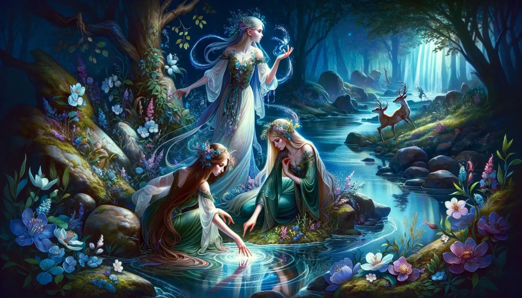 Rusalki from Slavic mythology, showcasing these supernatural beings as young and beautiful maidens with long, flowing hair, set against a captivating river backdrop