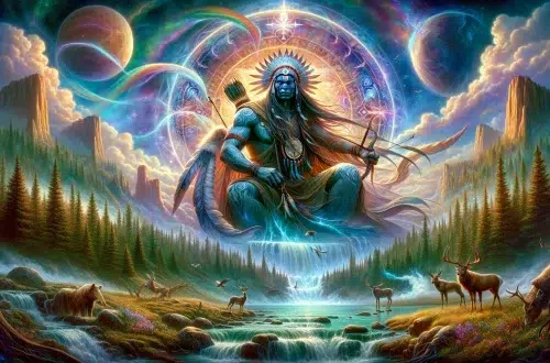 Wakan Tanka, crafted in artwork embodies the spiritual essence and power of the Lakota deity, set within a mystical and serene landscape that reflects the interconnectedness of all life, as revered by the Lakota culture