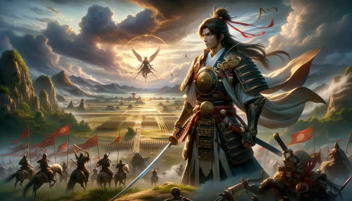 the essence of Yamato Takeru, celebrated for his courage and strategic brilliance. This scene places him on a grand battlefield, highlighting his leadership and tactical genius