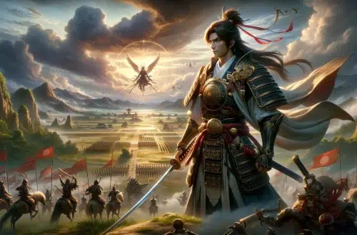 the essence of Yamato Takeru, celebrated for his courage and strategic brilliance. This scene places him on a grand battlefield, highlighting his leadership and tactical genius