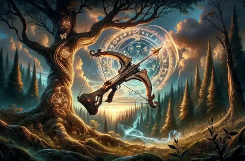 crossbow enchantments represented by a mystical bow hovering against a magical sky in a forest in mindcraft