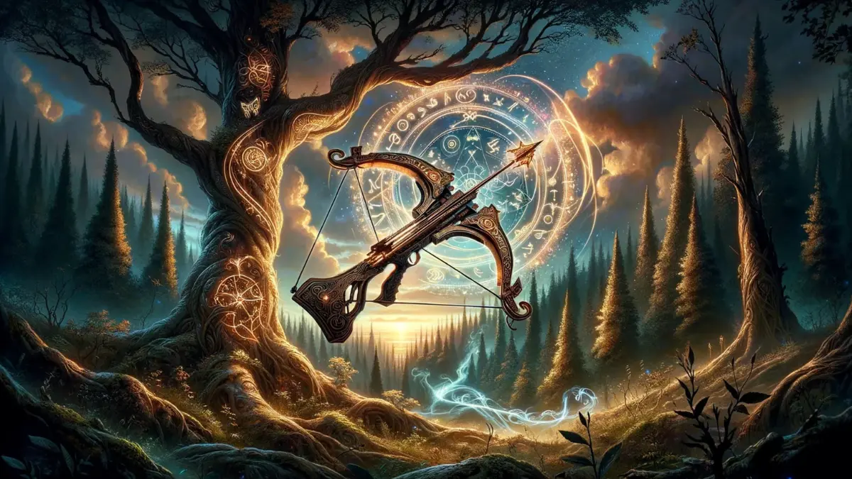 crossbow enchantments represented by a mystical bow hovering against a magical sky in a forest in mindcraft