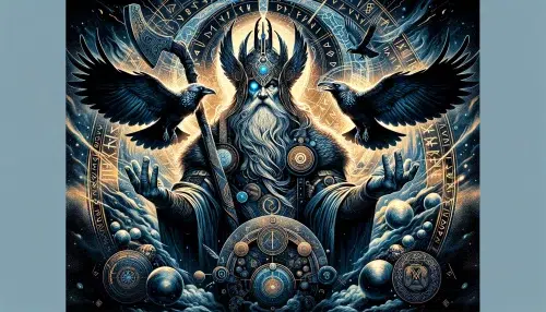 the essence of Odin from Norse mythology has been created, depicting the deity in a setting that embodies his attributes of wisdom, war, and poetry, along with symbolic elements like his ravens and Yggdrasil