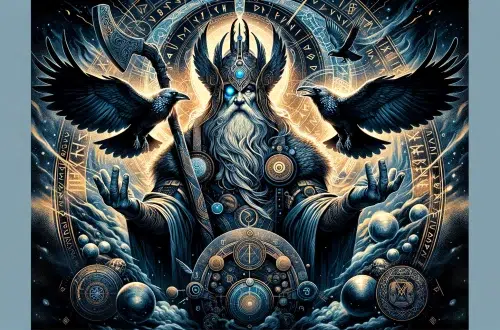 the essence of Odin from Norse mythology has been created, depicting the deity in a setting that embodies his attributes of wisdom, war, and poetry, along with symbolic elements like his ravens and Yggdrasil