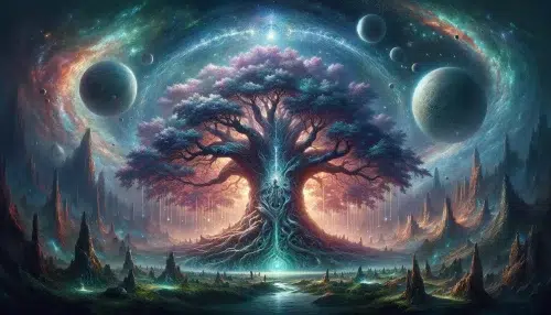 Yggdrasil, the immense and sacred tree from Norse mythology, has been created. It showcases Yggdrasil's towering presence over a mystical landscape, symbolizing the interconnectedness of all things and its role as the axis mundi connecting the nine worlds