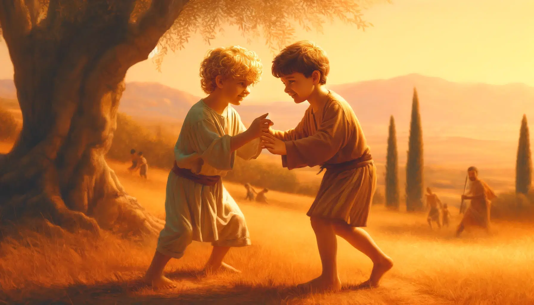 The scene shows the young boys both around ten years old, playing together in a sunlit meadow. One is depicted with light curly hair, wearing simple Greek attire, while Patroclus has darker hair and a similar outfit. They are engaged in a friendly competition, perhaps a wrestling match or a race, demonstrating their close and supportive friendship.