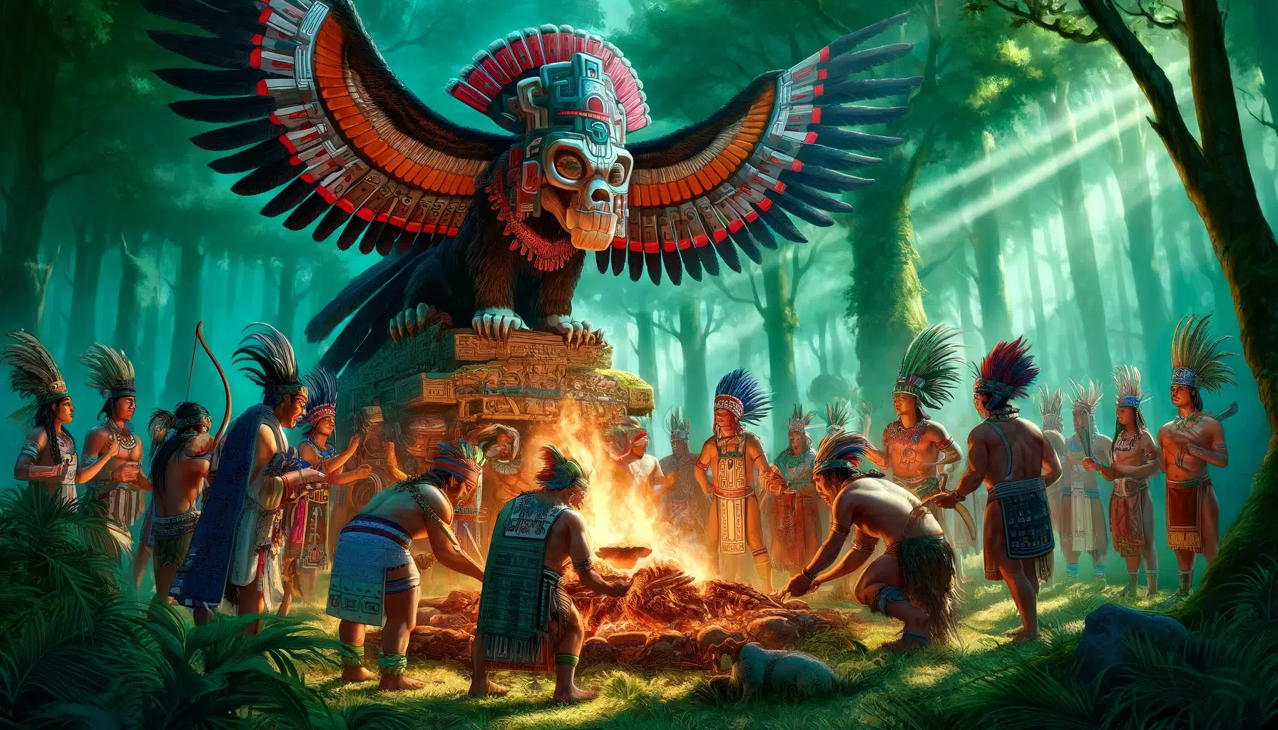 the 14th month of the Aztec calendar, Quecholli, dedicated to Mixcoatl, the deity of hunting. The scene is vibrant with festivities and rituals celebrating Mixcoatl's significance in Aztec culture. It features a group of hunters from the Chichimec, Otomi, and Aztec populations, dressed as Mixcoatl, engaging in a hunting trip. They perform sacred rituals around a fire, roasting their prey and expressing gratitude.