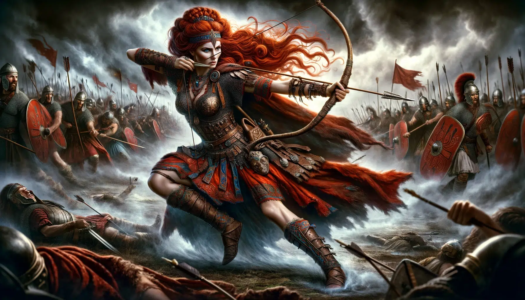 A vivid and intense depiction of the warrior queen of the Iceni tribe, during her revolt against Rome. She is shown in a dynamic battle pose on a smoky battlefield, masterfully wielding a bow and arrow. She is dressed in traditional Celtic warrior attire, featuring a long, flowing red cloak and intricately patterned leather armor. Her fiery red hair is prominently styled in a warrior's manner. The chaotic battlefield around her includes Celtic warriors clashing with Roman soldiers, highlighting the fierce confrontation of the historic battle.