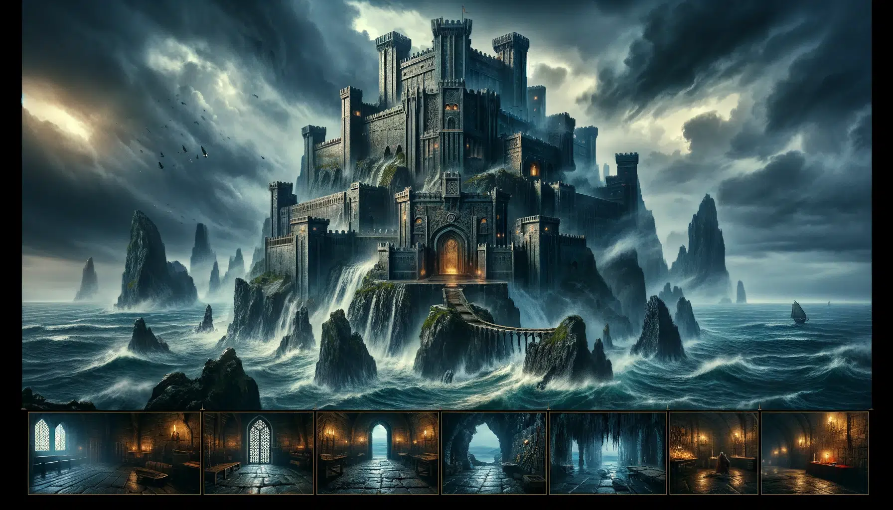 Dún Scáith, the Fortress of Shadows, perched on a rugged cliff overlooking fierce seas. This fortress, home to Scáthach, the warrior goddess, is depicted as a mystical and imposing structure, with shifting walls and magical gates that only open for the worthy. The scene captures the daunting and enigmatic essence of the fortress, with stormy skies and turbulent ocean waves crashing below. The interior glimpses show halls and training grounds filled with enchanted weapons, from swords to spears, emphasizing the mystical and martial atmosphere inside this legendary castle.