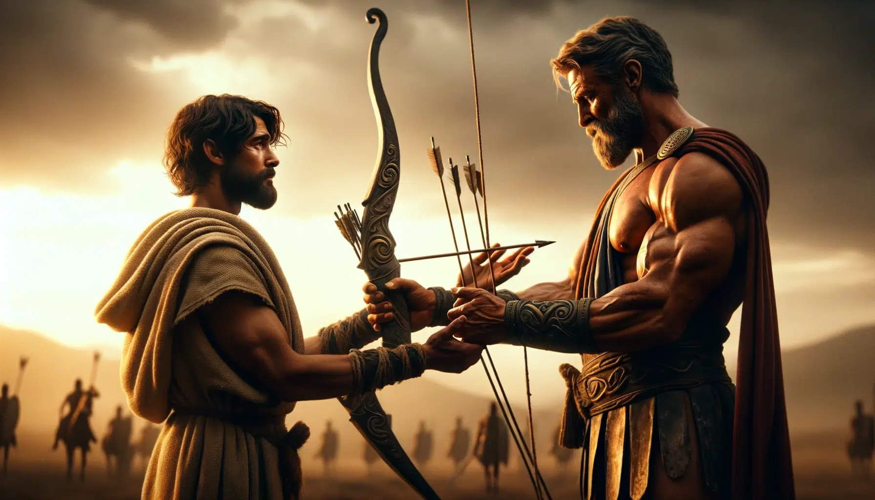 Hercules, a muscular and heroic figure, handing over his legendary bow and arrows to Philoctetes, a younger, rugged Greek warrior. Hercules, in his traditional lion skin cloak, stands with a dignified expression, extending the bow towards Philoctetes. Philoctetes, wearing simple Greek warrior attire, receives the bow with a look of awe and gratitude.