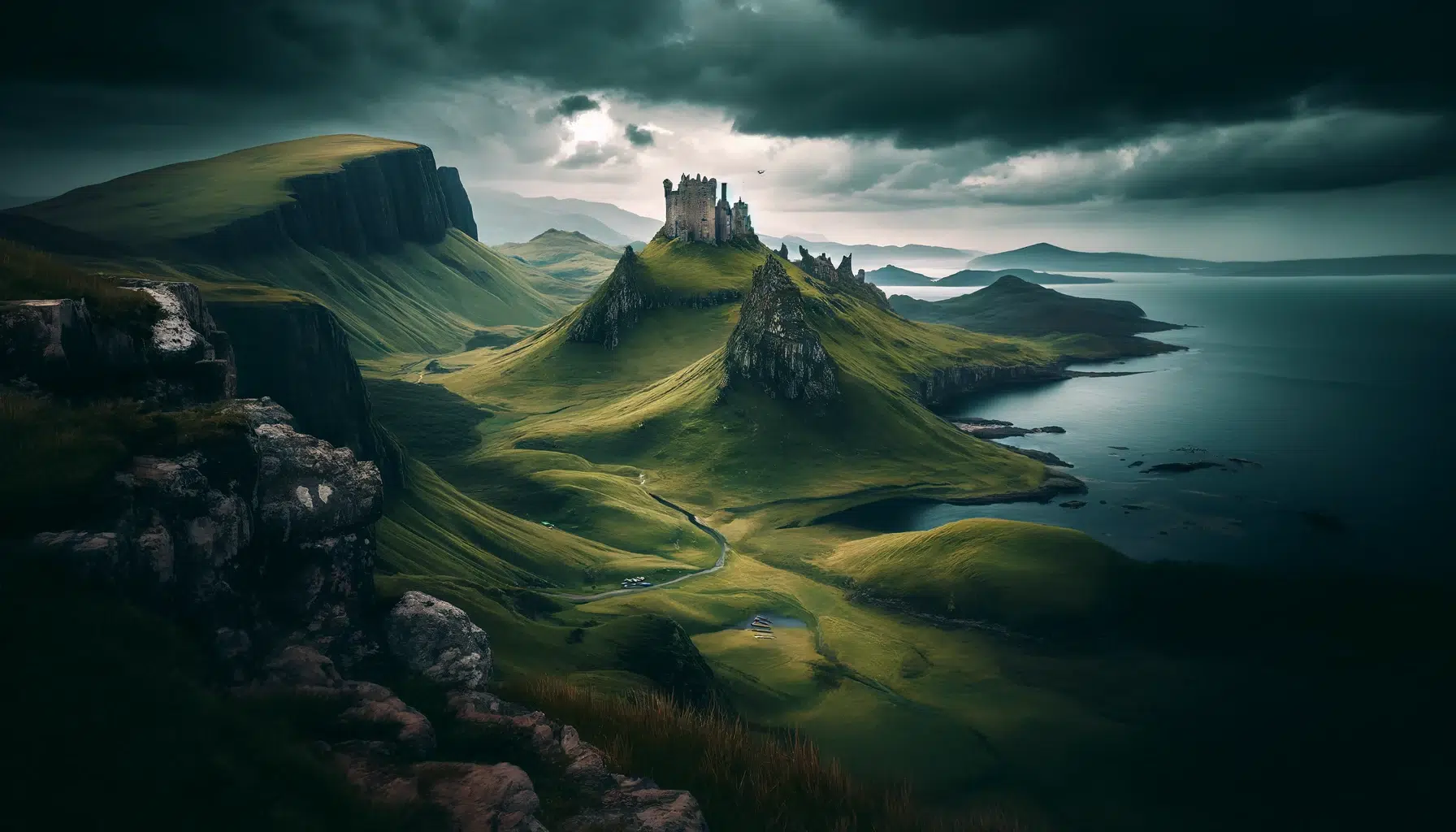 the Isle of Skye, off the west coast of Scotland, embodying the essence of Celtic mythology. The landscape is rugged and dramatic, featuring steep cliffs, rolling green hills, and ancient castles perched precariously. The scene captures the wild, untamed beauty of Skye, with a moody sky overhead that hints at the island's mystical significance as the home of Scáthach, the warrior goddess.