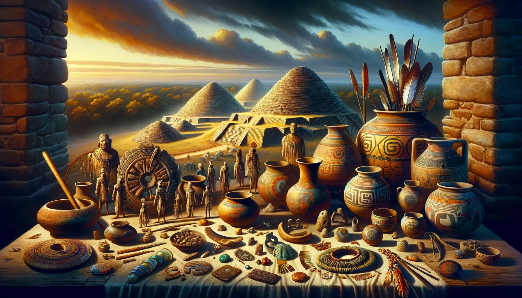 A detailed artistic depiction of the Mississippian Mound cultures, focusing on their period of prosperity from 800 to 1500 CE. The image should showcase a variety of artifacts like pottery, jewelry, and stone tools, each adorned with Cherokee symbolic designs. Include visual elements that represent the large earth mounds that are characteristic of these ancient civilizations.