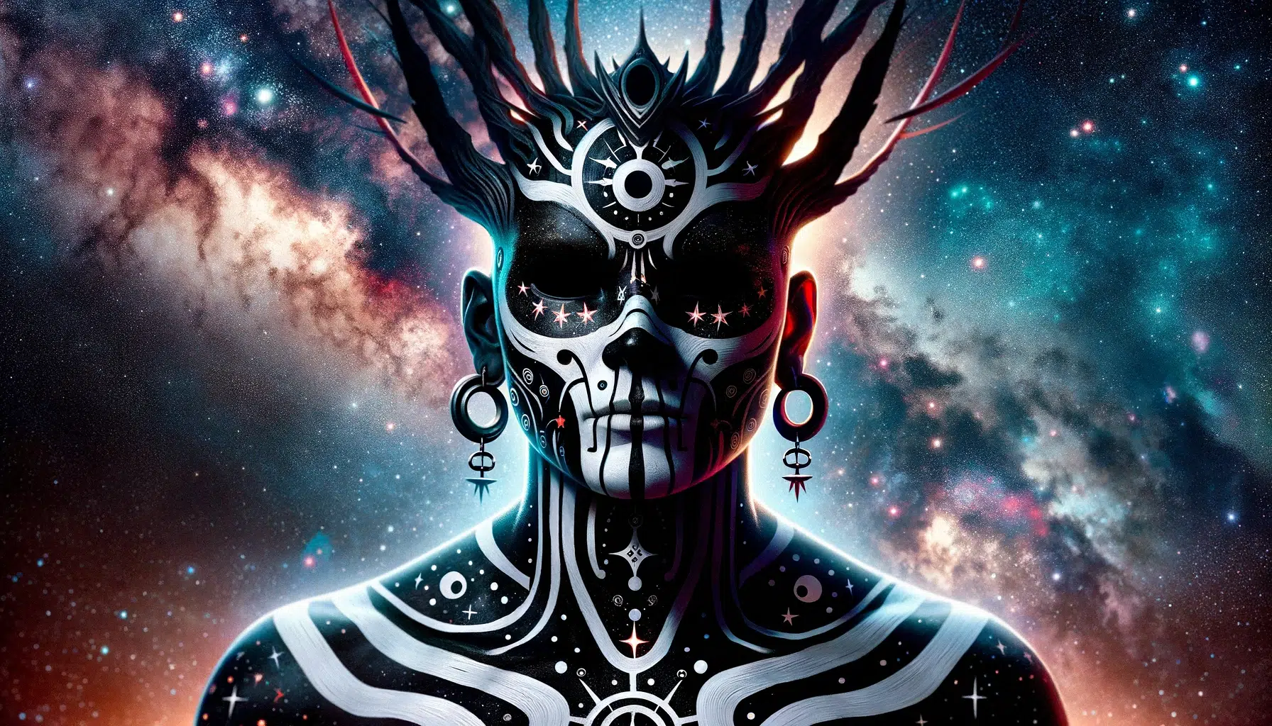 Adorned with a black mask representing the night sky, and his body painted with white and red stripes that symbolize his ties to the natural world and the cycles of life and death. His face is marked with stars, accentuating his celestial nature and his role as a guide in the night sky. The background is a cosmic scene, with a vivid depiction of the Milky Way and distant stars, creating a mystical and powerful atmosphere.