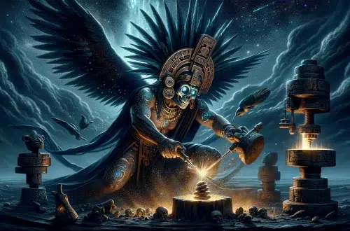 transformation of Mixcoatl into Tezcatlipoca, the Aztec god of obsidian and the night sky. The scene captures Mixcoatl, adorned in the dark, reflective attire symbolizing obsidian, as he undergoes a mystical transformation. He is shown inventing the fire drill, an ancient tool, and presenting it to humanity, symbolizing his role as a benefactor. The background is a dramatic night sky, enhancing the theme of obsidian and celestial power, emphasizing Mixcoatl's connection to Tezcatlipoca and his gift to the people.