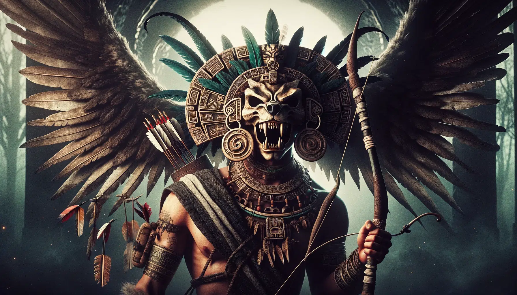 Mixcoatl, an Aztec deity, emphasizing his attributes as a hunter and divine figure. The image features Mixcoatl wearing a fanged mask symbolizing his ferocity and power. His attire includes ear-spools shaped like deer hooves, symbolizing his connection to hunting and the animal kingdom. He also wears an eagle-feather headdress, representing his link to the celestial realm and spiritual power. Mixcoatl is depicted carrying a bow, arrows, and a hunting net or basket, reinforcing his role as a skilled hunter and a bridge between the earthly and celestial realms.