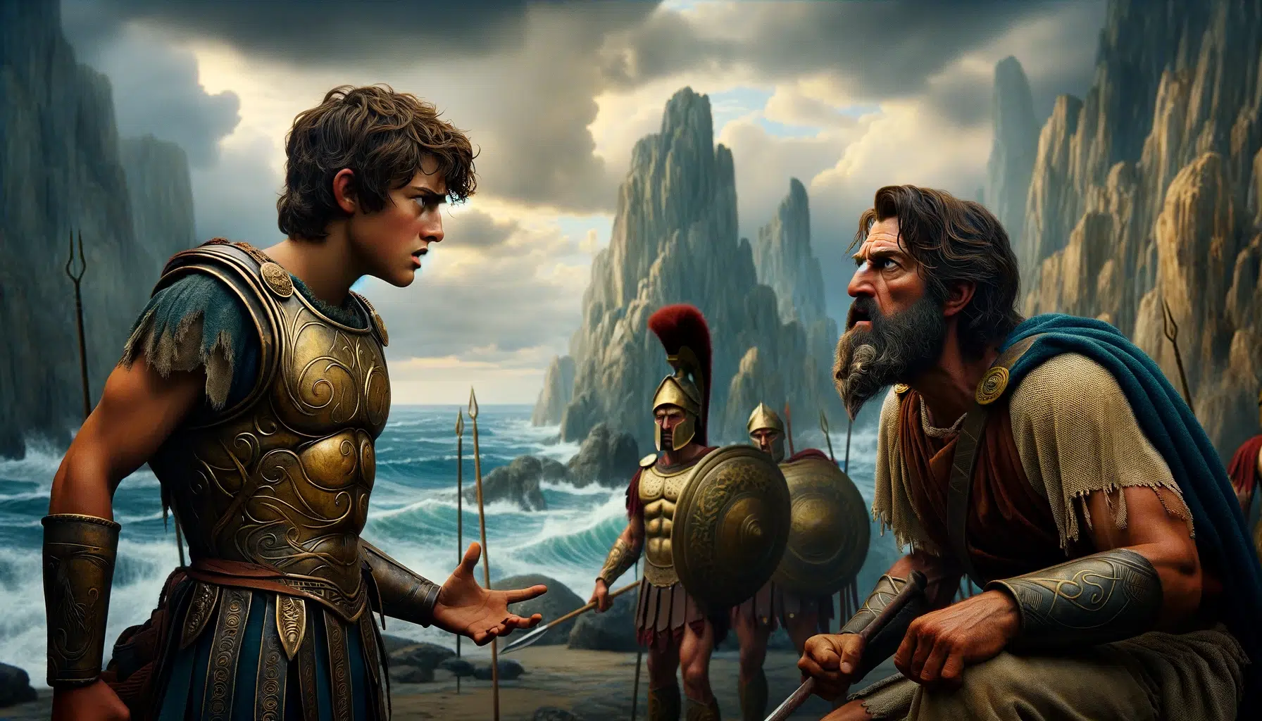 on the rugged shores of the island of Lemnos, depicting Neoptolemus, the young and determined son of Achilles, and Odysseus, the wise and cunning Greek hero, trying to persuade Philoctetes to leave the island. Neoptolemus, wearing armor and looking earnest, speaks passionately to Philoctetes, who is depicted as a rugged, bearded warrior with a pensive expression. Odysseus, standing nearby, watches the exchange with an expression of concern and calculation.