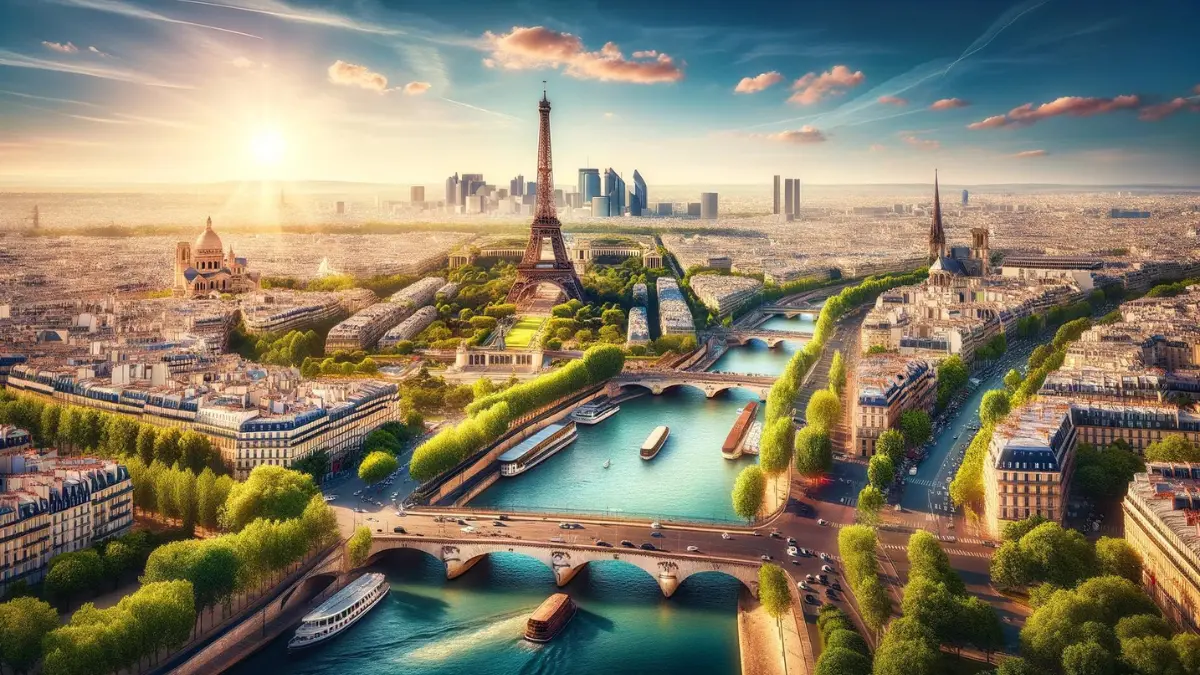 Paris, France, capturing the essence of the city with iconic landmarks such as the Eiffel Tower, Arc de Triomphe, and Notre-Dame Cathedral visible. The image should showcase the beautiful urban landscape, including the Seine River winding through the city, lush green parks, and historical buildings, all under a clear blue sky.