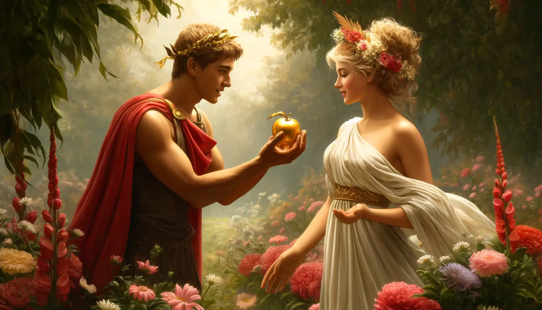 Paris awarding the apple to Aphrodite. Paris, a handsome Trojan prince, is shown presenting a golden apple to Aphrodite, who is stunningly beautiful and embodies grace. She accepts the apple with a delighted smile. The setting is a lush, idyllic garden, filled with flowers and soft light, which highlights Aphrodite's connection to beauty and love. This scene captures the critical moment that precipitated the events leading to the Trojan War