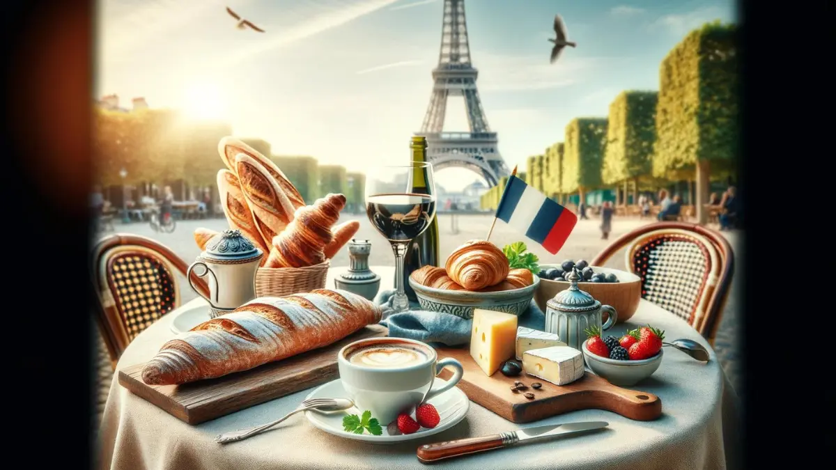 a table set up in a Parisian style, outdoors with a view of the Eiffel Tower in the background. The table should have French coffee in traditional cups, freshly baked baguettes, flaky croissants, an assortment of French cheese, a bottle of wine with a glass half-filled, and a small French flag. The setting should convey a relaxed, cozy Parisian café atmosphere, with the focus on the detailed and appetizing arrangement of the food and drink.