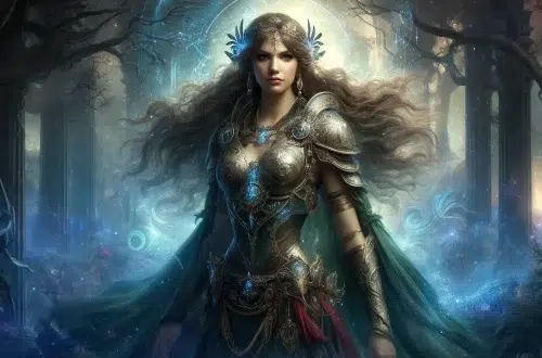 Penthesilea, the legendary Amazon Queen from Greek mythology, is depicted with a mystical aura. She stands tall, draped in an armor that blends traditional Greek elements with fantastical details, such as glowing runes and ethereal motifs. Her hair flows majestically, enhanced by subtle magical glimmers. Her expression is both regal and fierce, embodying her reputation for courage and strength