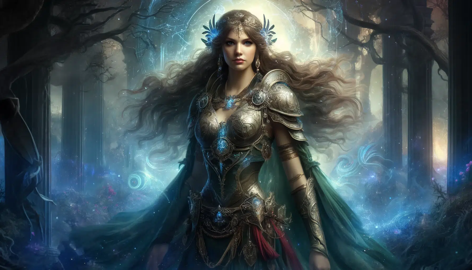 Penthesilea, the legendary Amazon Queen from Greek mythology, is depicted with a mystical aura. She stands tall, draped in an armor that blends traditional Greek elements with fantastical details, such as glowing runes and ethereal motifs. Her hair flows majestically, enhanced by subtle magical glimmers. Her expression is both regal and fierce, embodying her reputation for courage and strength