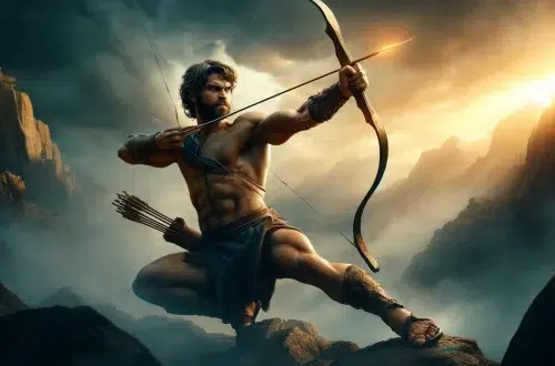 Philoctetes, a rugged Greek warrior in his 30s, demonstrating his exceptional archery skills. He is standing on a rocky terrain, wielding the legendary bow and arrows given to him by Heracles. Philoctetes is captured in mid-action, drawing the bow with great focus and precision, aiming at an unseen target. His muscular build and intense expression highlight his skill and determination.