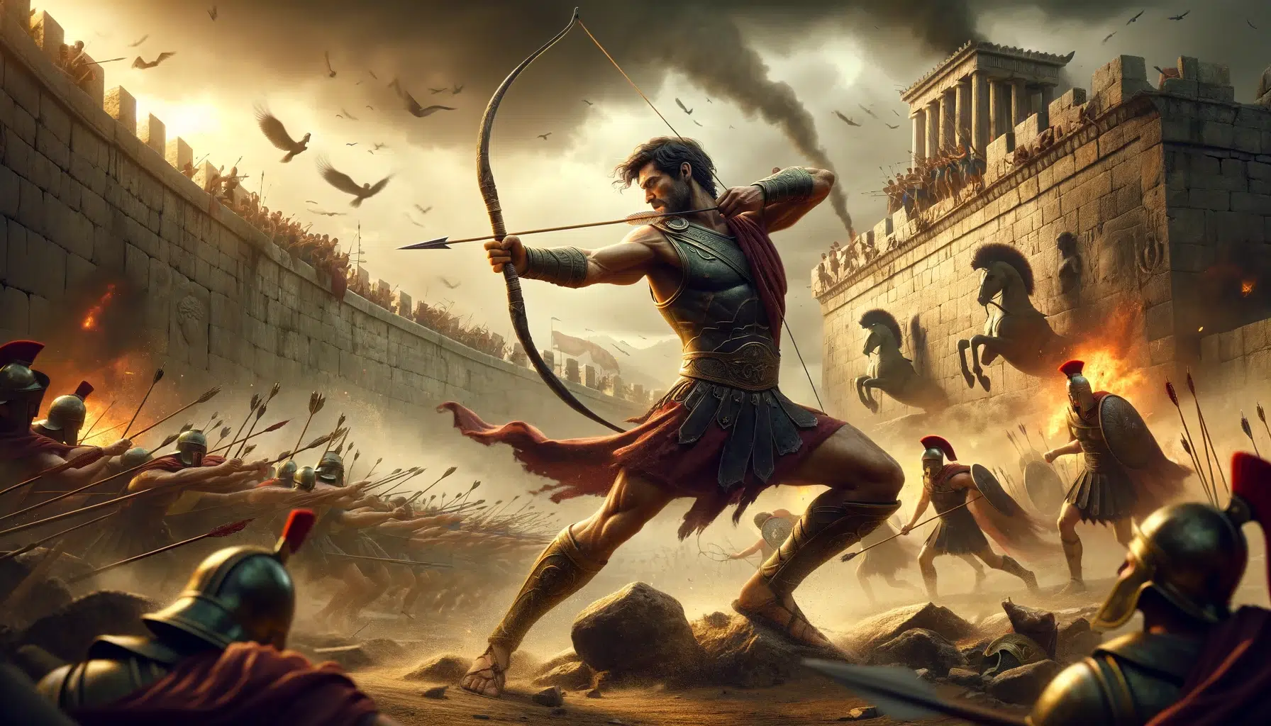 Philoctetes clashing with Paris, Prince of Troy. The setting is the ancient battlefield of Troy, with war-torn fortifications and chaos around. Philoctetes, a rugged Greek warrior in his 30s, is in the midst of action, releasing an arrow from his legendary bow at Paris. Paris, portrayed as a noble yet desperate Trojan prince, is in defensive stance, trying to evade the incoming arrow. The background features the Trojan walls and the chaos of soldiers fighting. This intense moment captures Philoctetes’ precision and the critical impact of his shot, leading to his victory in the battle.
