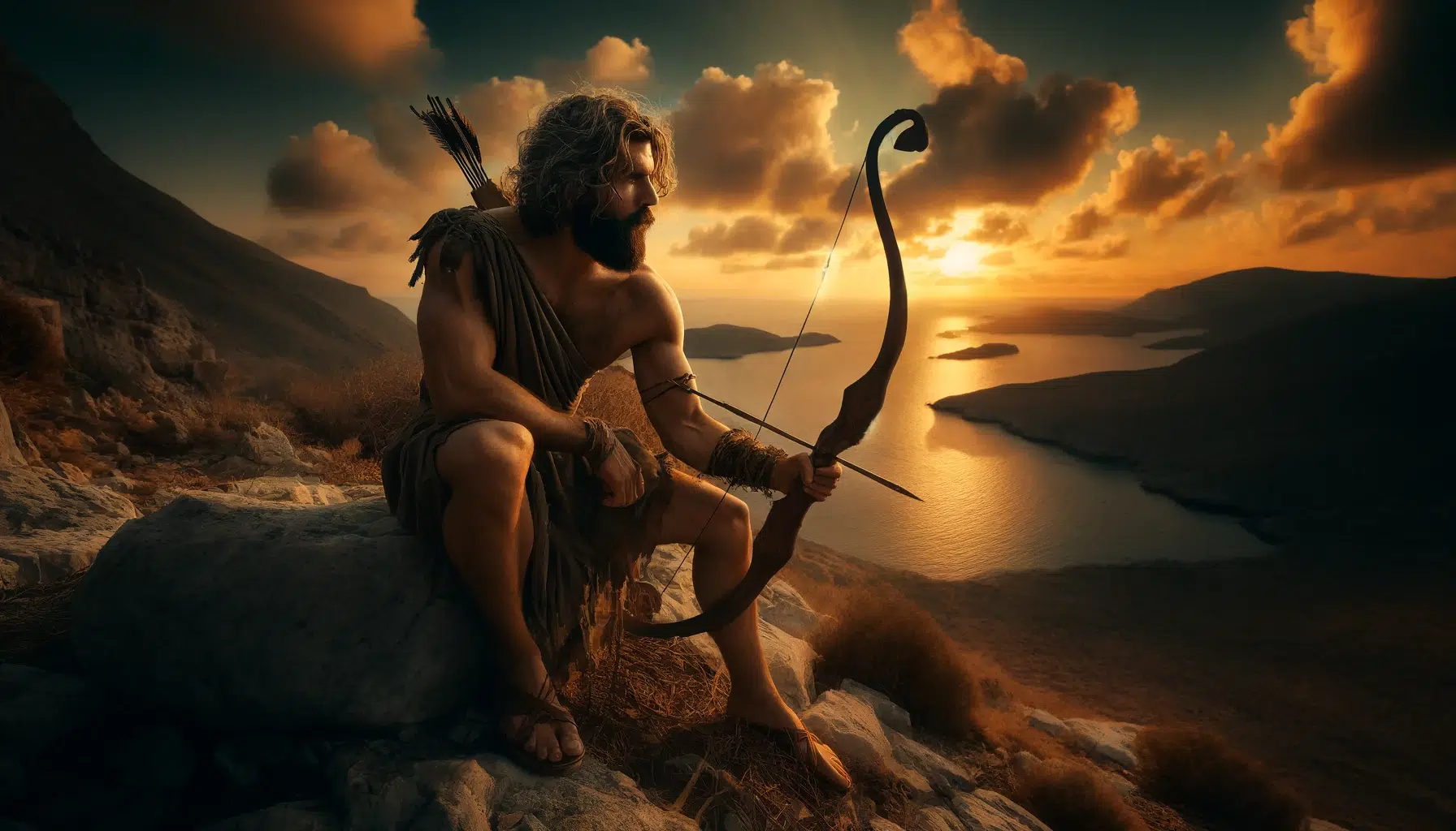 Philoctetes, a rugged, bearded Greek warrior in his 30s, on the deserted island of Lemnos. He is wearing torn, ancient Greek warrior attire, and is sitting on a rocky outcrop, gazing out to sea. Philoctetes is holding a magnificent bow, intricately designed, suggesting its magical heritage. The setting sun casts a golden light, enhancing the mood of isolation and contemplation.